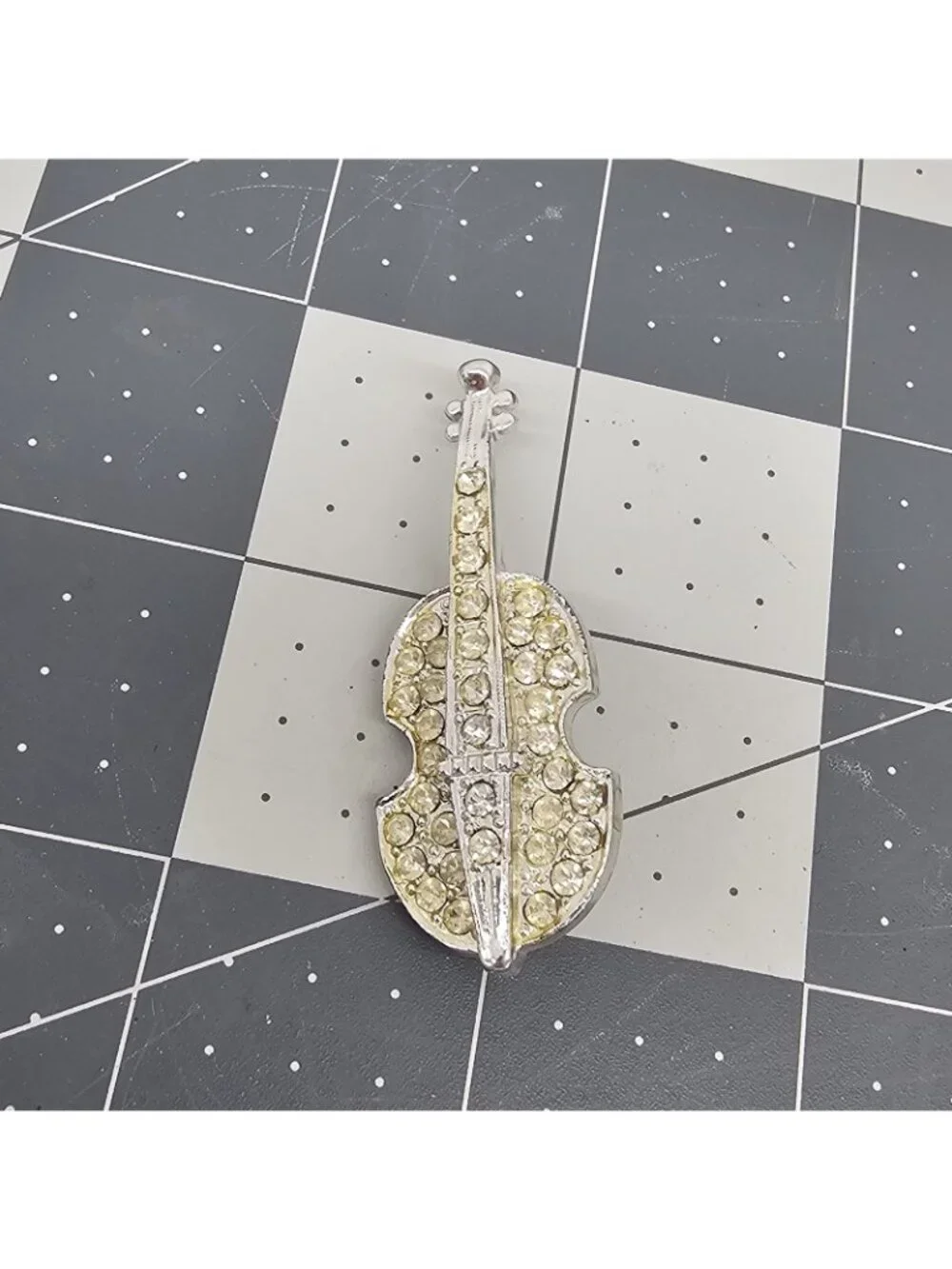 Vintage Pell Silver-Tone Rhinestone Violin Cello Music Pin Brooch